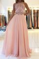 Sparkly Crystal Beaded Pink Long A Line Prom Party Dress High Neck Low Back