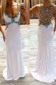 Sparkly Crystal Beaded White Mermaid Prom Party Dress V Neck Sheer Back