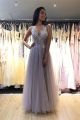 Sparkly Long A Line Grey Tulle Beaded Prom Party Dress V Neck Sleeveless