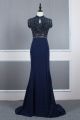 Sparkly Long Mermaid Beaded Navy Blue Prom Party Dress High Neck Cap Sleeves