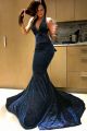 Sparkly Royal Blue Mermaid Prom Evening Dress Halter Open Back