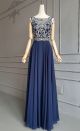Stunning A Line Open Back Long Navy Blue Chiffon Embroidery Beaded Prom Evening Dress