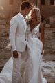 Princess A Line Deep V Neck Low Back White Lace Tulle Beach Destination Wedding Dress With Train
