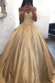 Stunning Ball Gown Gold Taffeta Prom Party Dress Off The Shoulder With Appliques