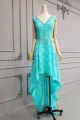 Stunning High Low Turquoise Lace Beaded Prom Evening Dress V Neck Sleeveless