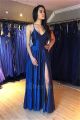 Stunning Long A Line Royal Blue Prom Evening Dress V Neck Cross Straps With Slit