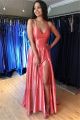 Stunning Long A Line Watermelon Prom Evening Dress V Neck Cross Straps With Slit