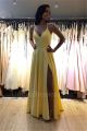 Stunning Long A Line Yellow Prom Evening Dress V Neck Cross Straps With Slit