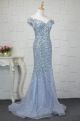 Stunning Long Mermaid Beaded Blue Prom Evening Dress Off The Shoulder Sheer Back