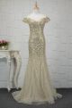 Stunning Long Mermaid Beaded Champagne Prom Evening Dress Off The Shoulder Sheer Back