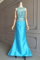 Stunning Mermaid Long Blue Taffeta Crystal Beaded Prom Evening Dress Scoop Sleeveless