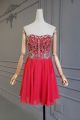 Stunning Short Mini A Line Strapless Red Chiffon Crystal Beaded Cocktail Party Dress