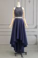 Stunning Two Pieces High Low Navy Blue Beaded Prom Evening Dress High Neck See Through Back