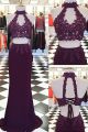 Stunning Two Pieces Prom Party Dress Halter Corset Grape Chiffon Lace With Cutouts