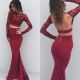 Stunning Two Pieces Prom Party Dress Long Sleeves Open Back Burgundy Lace