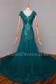 Chic Mermaid V Neck Cap Sleeve Low Back Crystal Beaded Lace Teal Prom Evening Dress With Bow