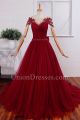 Beautiful A Line Scoop Cap Sleeve Sheer Back Pearl Beaded Burgundy Tulle Prom Evening Dress With Bow