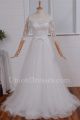 Chic A Line Off The Shoulder 3 4 Sleeve Pearl Beaded Lace White Tulle Wedding Dress With Bow Belt
