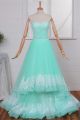 A Line Sweetheart Corset Layered Green Tulle Beaded Belt Prom Evening Dress With Appliques