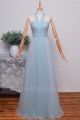 Elegant A Line Halter Corset Pleated Light Blue Tulle Bridesmaid Evening Dress 