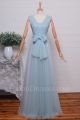 Elegant A Line V Neck Bow Sash Pleated Light Blue Tulle Bridesmaid Evening Dress 