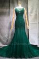 Sexy Mermaid Boat Neckline Sheer Back Beaded Lace Dark Green Tulle Prom Evening Dress