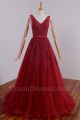 Chic A Line V Neck Beaded Burgundy Lace Tulle Prom Evening Dress With Bow Belt