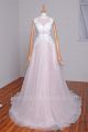 Chic A Line Scoop Sheer Back Beaded White Lace Pink Tulle Prom Evening Dress With Buttons