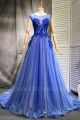 A Line Scoop Cap Sleeve Open Back Beaded Flowers Royal Blue Tulle Prom Evening Dress