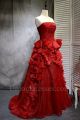 A Line Strapless Corset Pleated Tiered Red Organza Prom Evening Dress