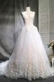 Ball Gown V Neck Low Back Beaded Lace Flowers White And Pink Tulle Wedding Dress
