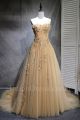 Charming A Line Sweetheart Corset Beaded Lace Flowers Pleated Light Brown Tulle Prom Evening Dress