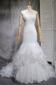 Elegant Mermaid Scoop Sheer Back Beaded Lace Layered Tulle Wedding Dress