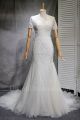 Elegant Mermaid Scoop Sheer Back Short Sleeve Beaded Lace Tulle Wedding Dress