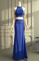Unique Two Pieces Long Royal Blue Beaded Special Occasion Prom Dress With Cutouts And Slit