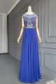 Vintage A Line Long Royal Blue Chiffon Crystal Beaded Prom Party Dress With Cap Sleeves Sheer Back