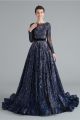 Vintage Ball Gown Navy Blue Lace Prom Evening Dress Boat Neck Long Sleeves Low Back