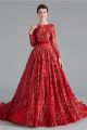 Vintage Ball Gown Red Lace Prom Evening Dress Boat Neck Long Sleeves Low Back