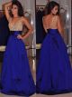 Vintage Long A Line Royal Blue Prom Party Dress V Neck Sheer Back With Beadings