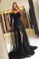 Vintage Long Mermaid Black Lace Prom Evening Dress Off The Shoulder Long Sleeves Side Slit