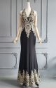 Vintage Long Mermaid Halter Beaded Black Prom Evening Dress With Gold Appliques