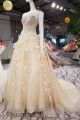 A Line Boat Neckline Sheer Back Crystal Beaded Lace Flowers Champagne Wedding Dress 