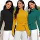 Yellow Women Knitted Wear Office Slim High Neck Long Sleeve Autumn Basic Tees With sash
