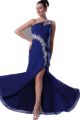 Elegant Sheath One Shoulder Front Cutout Crystal Beaded Appliques Ruched Royal Blue Chiffon Prom Evening Dress With Slit