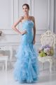 Elegant Mermaid Strapless Crystal Beaded Light Blue Organza Prom Dress With Ruffles