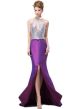 Sexy Mermaid Halter Front Cutout Low Back High Slit Sequined Purple Taffeta Prom Dress 