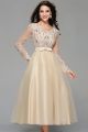 Elegant Ball Gown Tea Length V Neck Long Sleeve Crystal Beaded Appliques Champagne Tulle Prom Dress With Bow