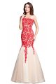 Graceful Mermaid One Shoulder Crystal Beaded Red Lace Champagne Tulle Prom Dress