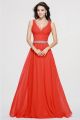 Graceful A Line V Neck Ruched Crystal Beaded Red Chiffon Prom Dress