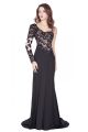 Elegant One Shoulder Long Sleeve Crystal Beaded Black Lace Sheer Top Prom Dress